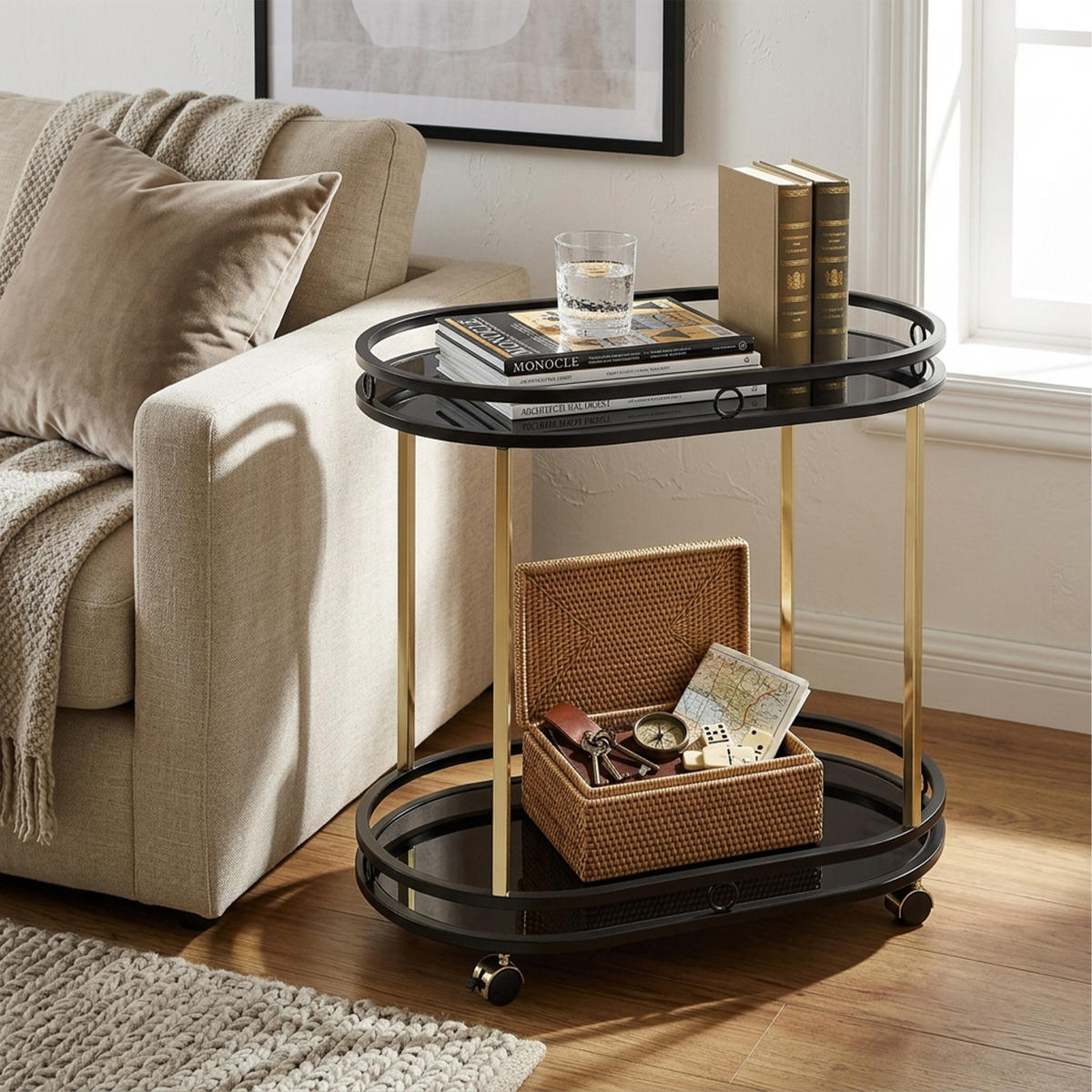 SERVIERWAGEN Schwarz Gold 2 Glasablagen Stahl - Schwarz, Glas/Kunststoff (72/77.5/42cm) - Relaxdays