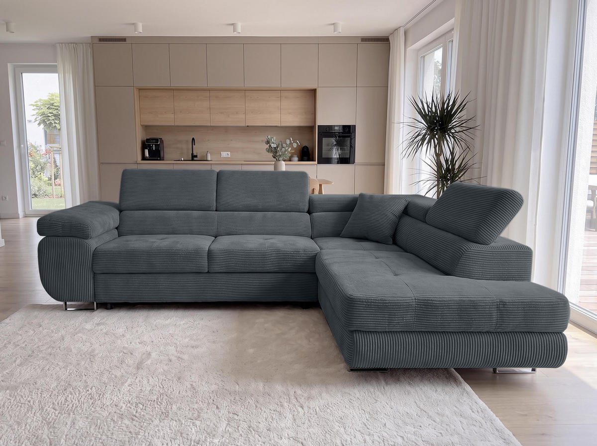 ECKSOFA L Form Konak Dunkelgrau 276/201/90 cm Rechts mit Schlaffunktion - Dunkelgrau/Silberfarben, Textil/Metall (276/203cm) - AX Living