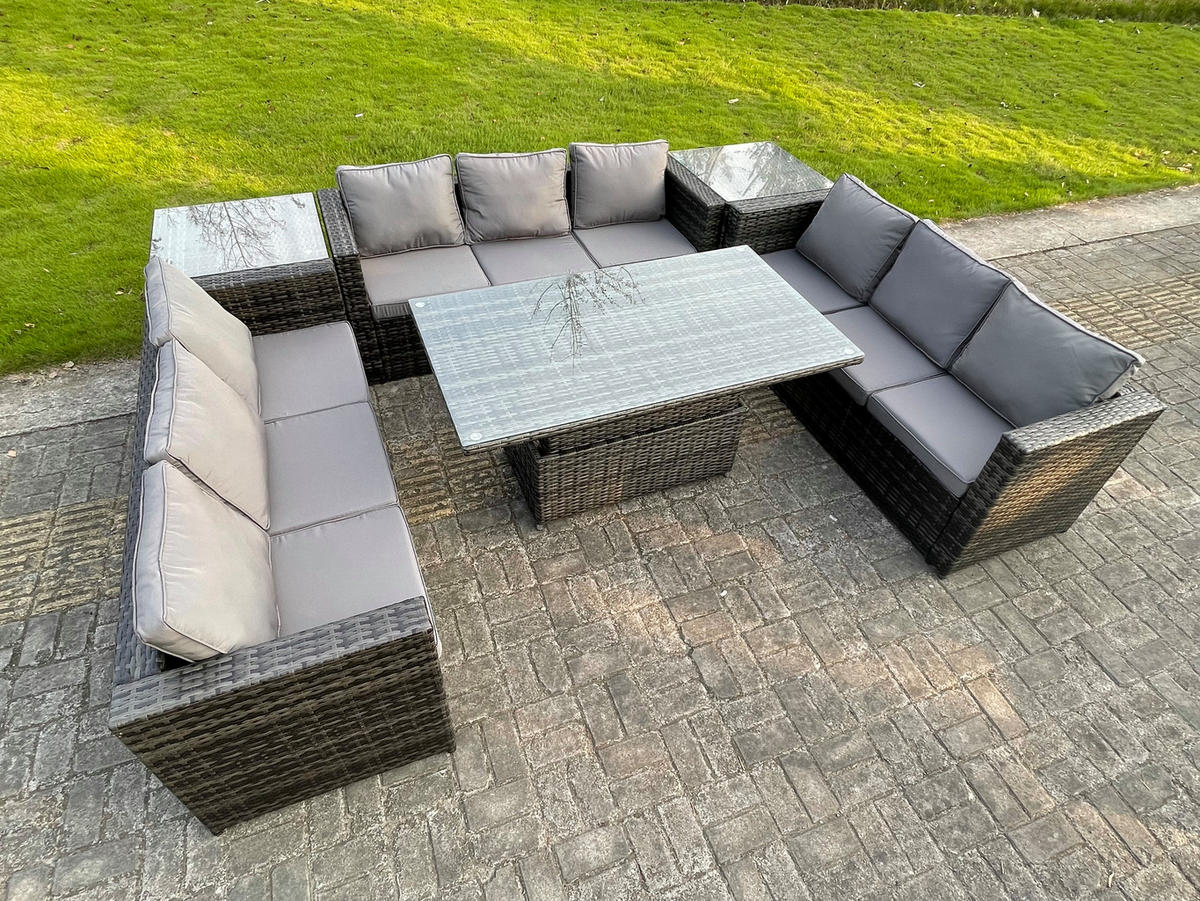 GARTENSET Polyrattan 9-Sitzer - Dunkelgrau/Grau, Glas/Kunststoff - Fimous