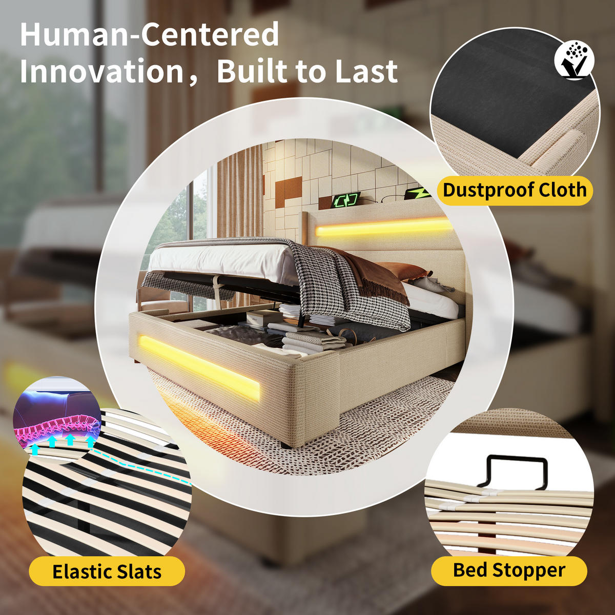 DOPPELBETT 160X200 cm mit LED USB Typ C - Beige, Holz (160/200cm) - FLIEKS