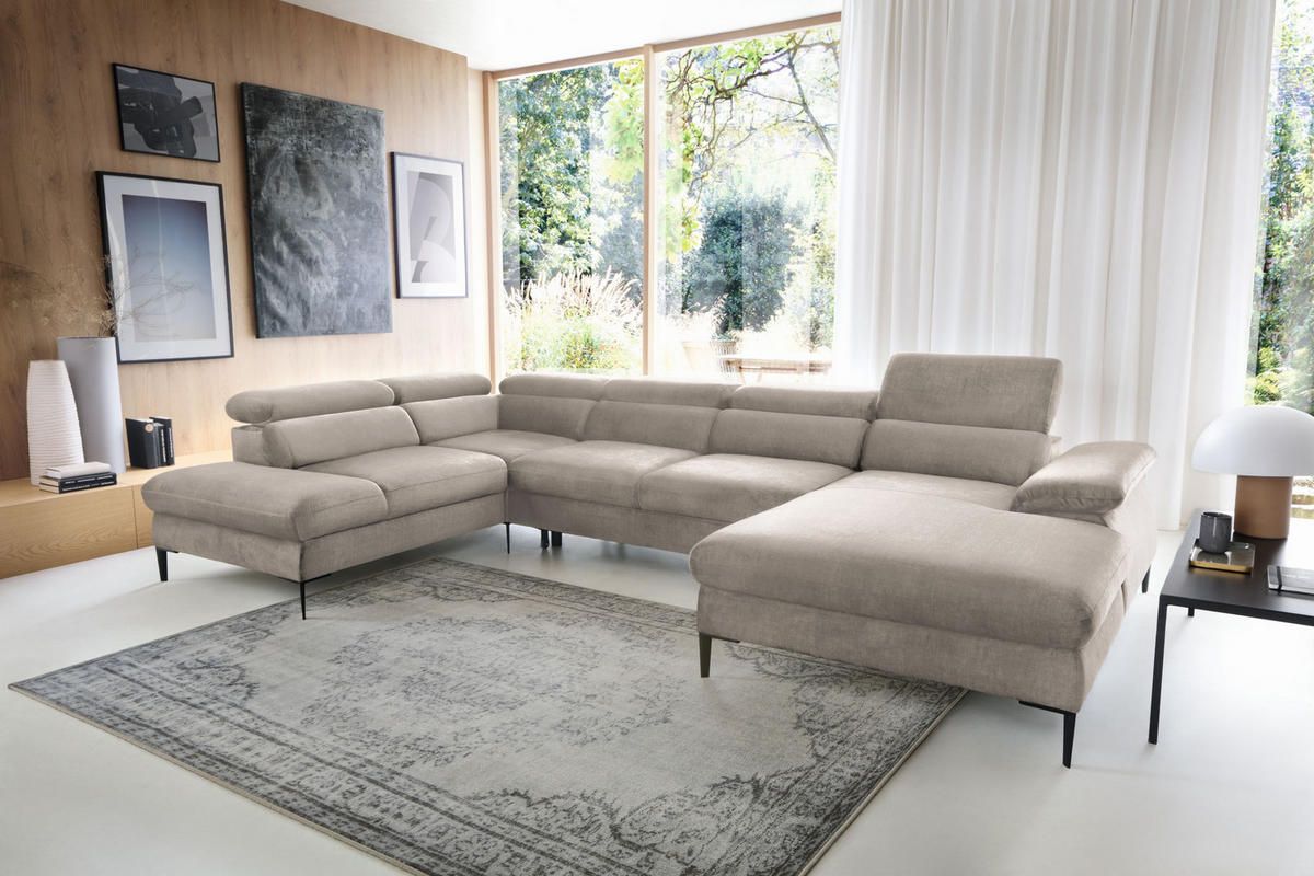 WOHNLANDSCHAFT MESTO Beige Velours-Stoff mit Schlaffunktion - Beige, Holz (353/94/182cm) - MASSENO