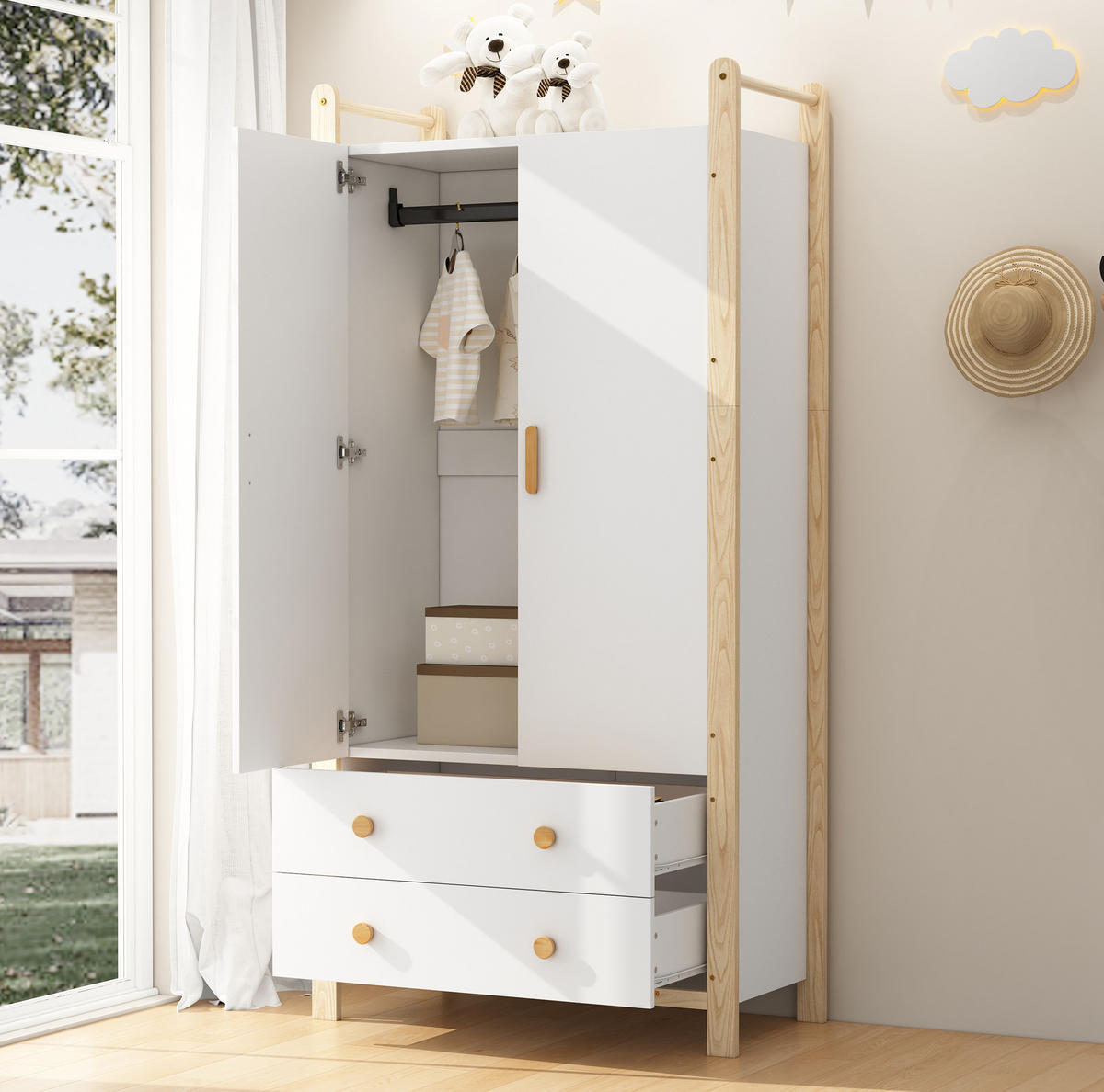 KLEIDERSCHRANK 89,6/44/180,5 cm Natur/Weiß aus Holzwerkstoff mit Kleiderstange und 2 Schubladen - Weiß, Holzwerkstoff (44/180.5/89.6cm) - OKWISH