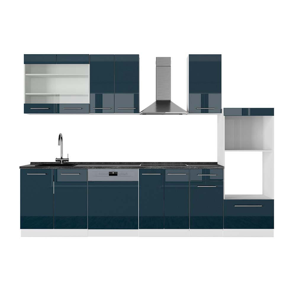 KÜCHENZEILE Fame-Line Dunkelblau Hochglanz/Weiß 300 cm AP Anthrazit - Dunkelblau/Weiß, Holzwerkstoff (300/81.6/60cm) - Vicco
