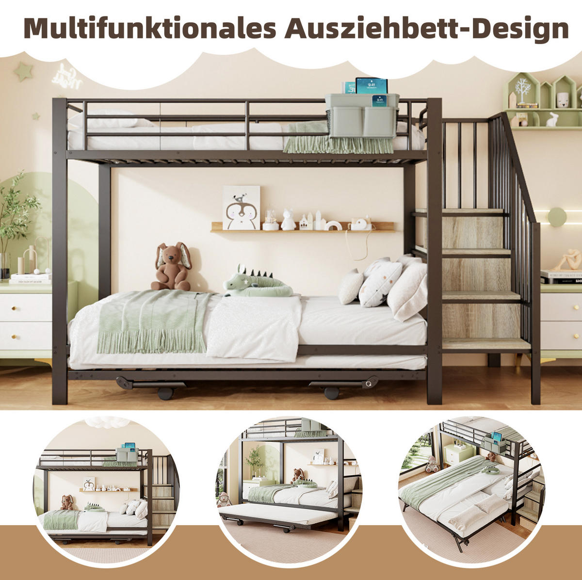ETAGENBETT 90/200 cm mit Ausziehbett, Stauraumtreppe und Stofftasche, Metall, Schwarz - Schwarz, Metall (90/200cm) - Redom