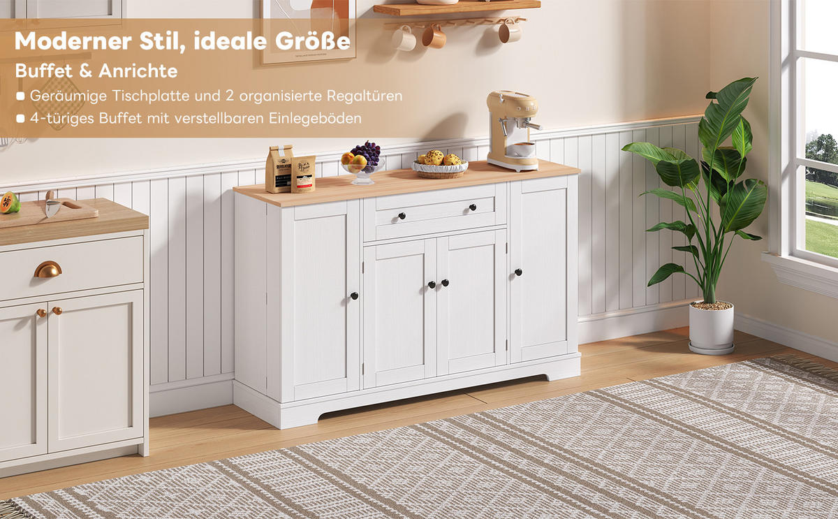 SIDEBOARD mit Schublade, Doppeltürfach und verstellbaren Einlegeböden, 138/40/85 cm, Natur und Weiß - Weiß, Holzwerkstoff (138/85/40cm) - Redom