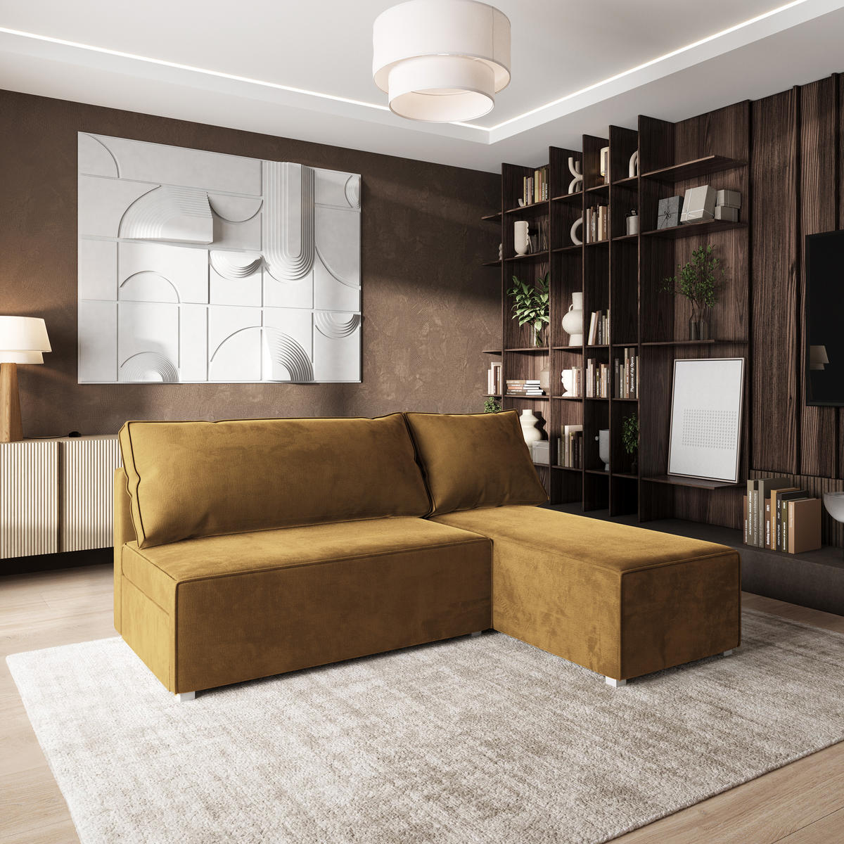 ROHOVÁ SEDAČKA BRISO žlutá - šedá/žlutá, dřevo/textil (200/140cm) - MASSENO