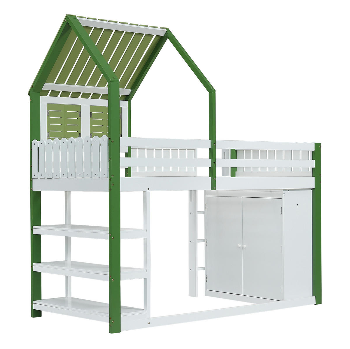 HOCHBETT 90/200 cm aus Kiefer/MDF mit Dach, Fenstern, Kleiderschrank und Regal, Weiß/Grün - Weiß, Holzwerkstoff (90/200cm) - Redom
