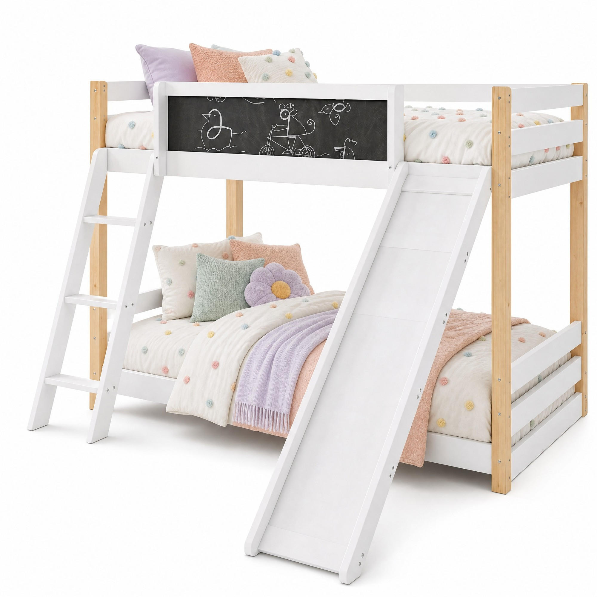 ETAGENBETT 90/200+90/190 mit Rutsche, Treppe und Schutzgitter - Weiß, Holzwerkstoff (90/200cm) - EVRYAE
