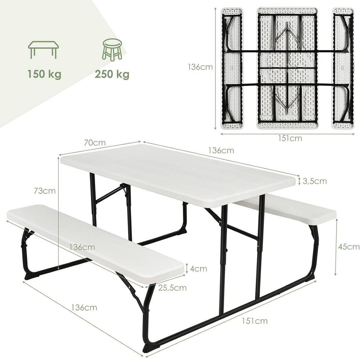 PICKNICKTISCH Klappbarer Weiß - Weiß, Metall - COSTWAY