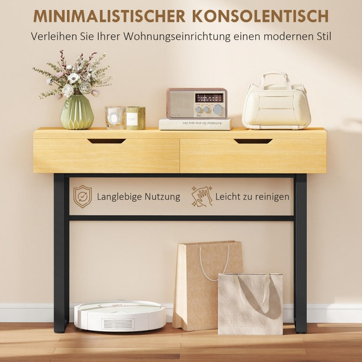 KONSOLENTISCH 110/35/76,5 cm natur aus Holz und Metall mit 2 Schubladen - Naturfarben, Holz (110/35/76.5cm) - OKWISH