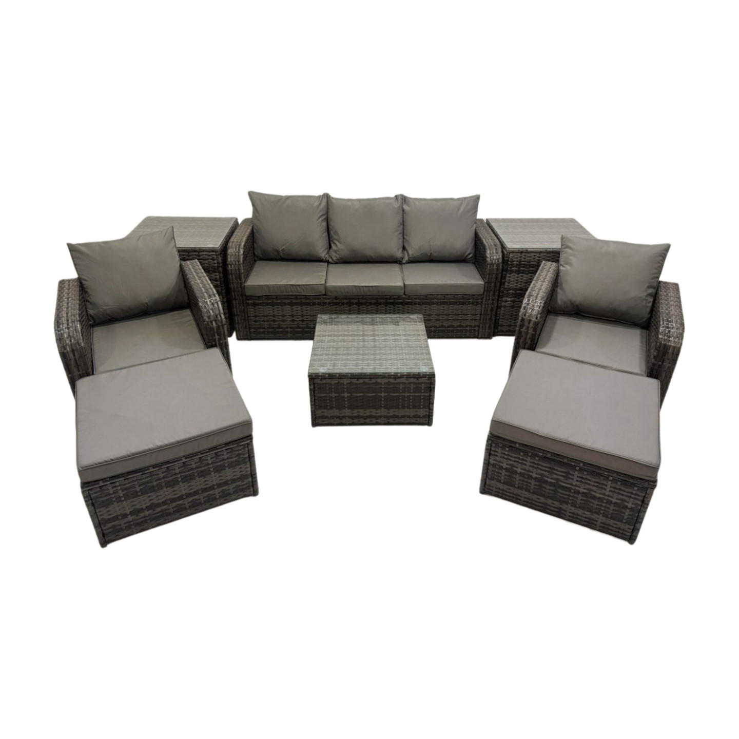 GARTENMÖBELGARNITUR mit KISSEN Polyrattan Dunkelgrau 7-Sitzer - Dunkelgrau/Grau, Glas/Kunststoff - Fimous
