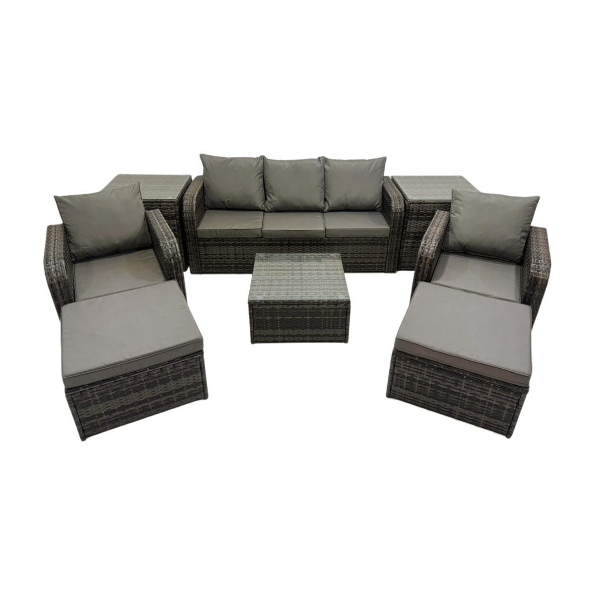 GARTENMÖBELGARNITUR mit KISSEN Polyrattan Dunkelgrau 7-Sitzer - Dunkelgrau/Grau, Glas/Kunststoff - Fimous
