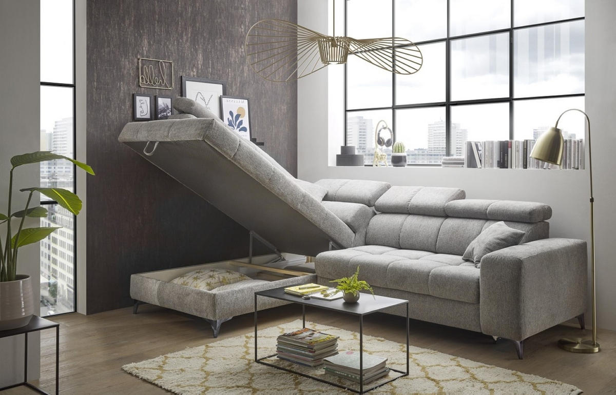 ECKSOFA mit Schlaffunktion und Bettkasten, Luxus-Mikrofaser - Taupe/Schwarz, Textil/Metall (282/198cm) - ed exciting design