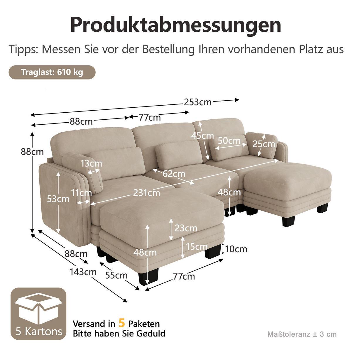 WOHNLANDSCHAFT U-Form 3-Sitzer mit 2 Hockern, DE-42686, Hellbraun - Hellbraun, Holz (253/88/143cm) - ComfortXL