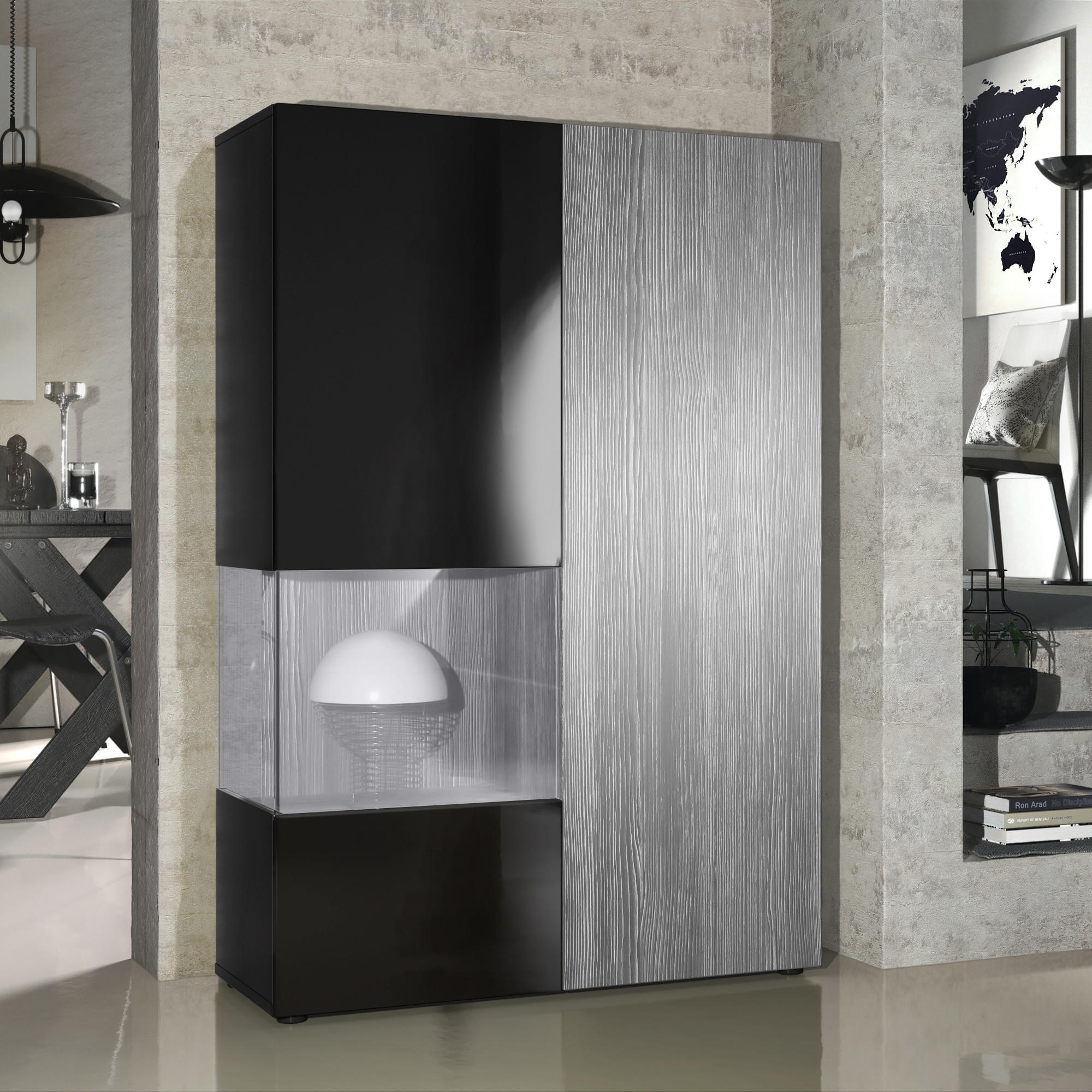 VITRINE Morena Tür und Einsatz in Avola-Anthrazit - Anthrazit, Holzwerkstoff (91.5/136.5/37cm) - Vladon