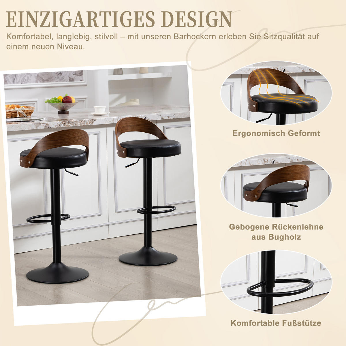 BARHOCKER 2er-Set drehbar mit PU-Sitz und Walnussholz, Schwarz - Schwarz, Kunststoff (42.5/77/42cm)