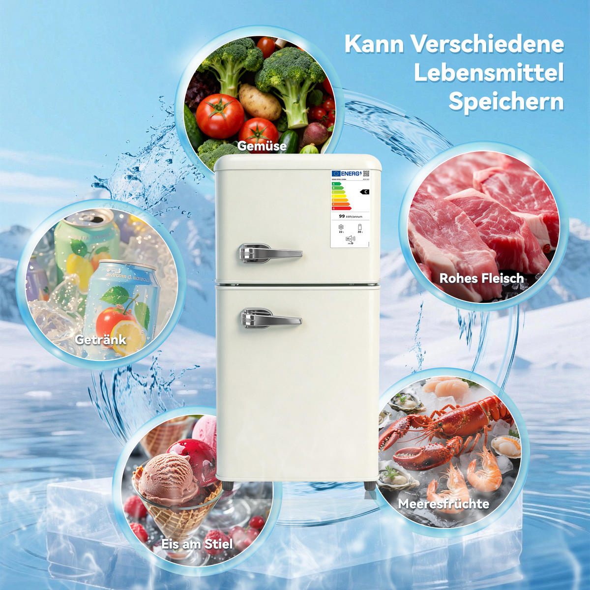 KÜHL-GEFRIER-KOMBINATION 60 l, (Size) - 200x100, Energieeffizienzklasse E, Cremeweiß - Creme, Metall (45/89/41cm) - FOHERE