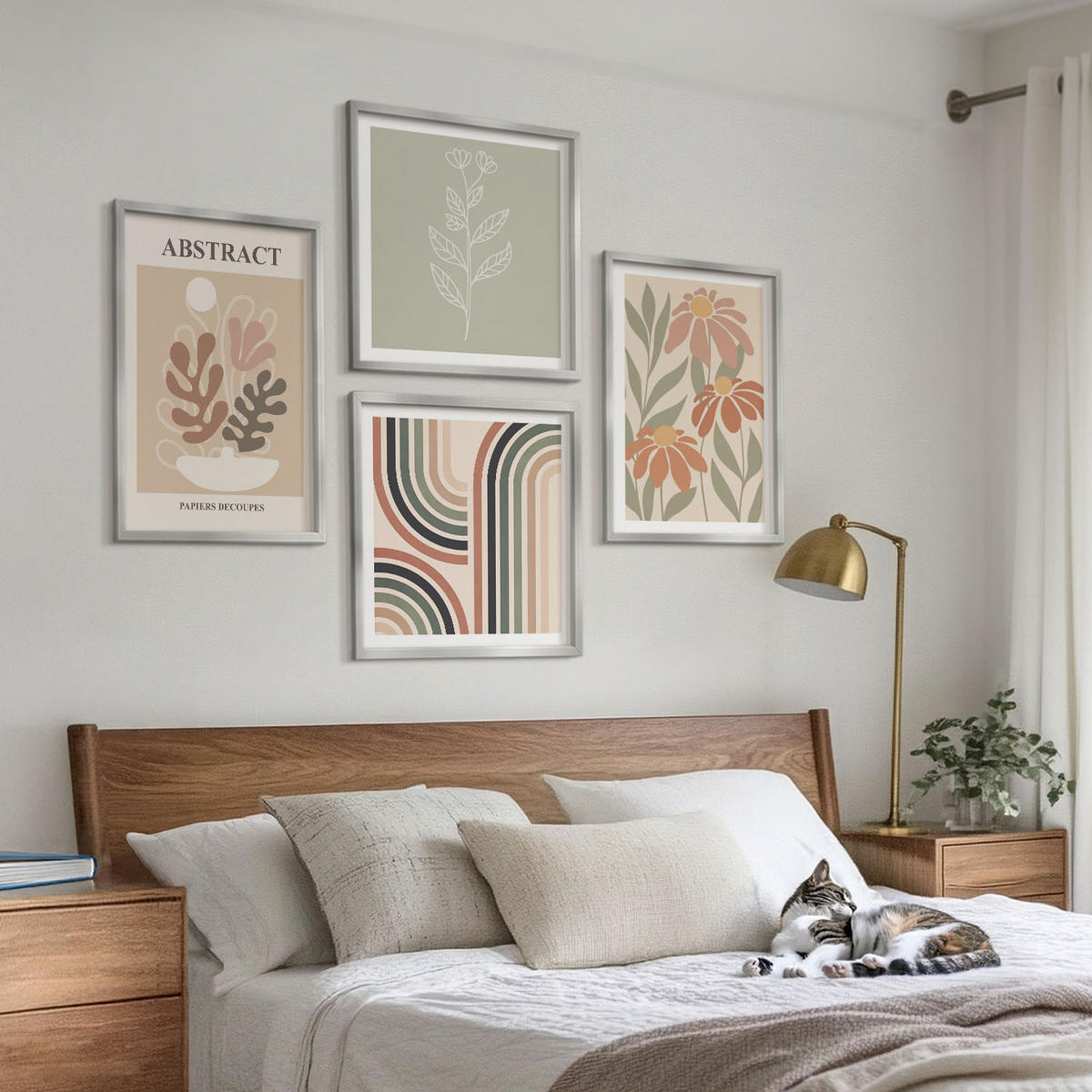WANDBILDER 4er Set - 50x50 cm & 40x60 cm Silberner Rahmen - Abstrakte Pastellpflanzen - Silberfarben, Kunststoff (50/50cm) - ArtPrintCave