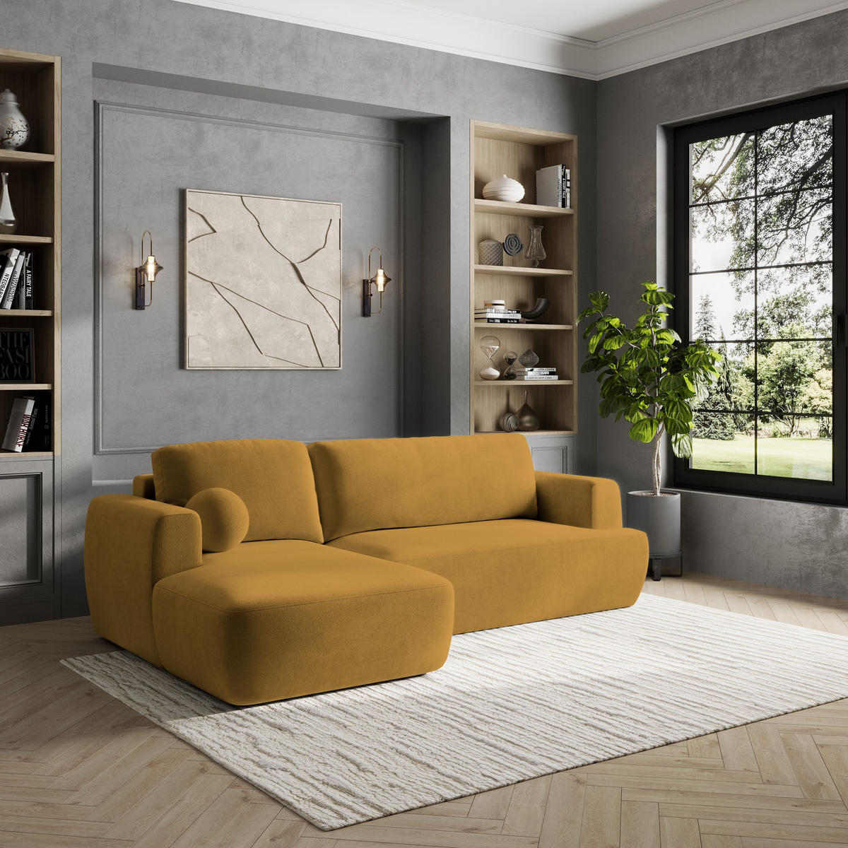 ECKSOFA SENTI K L-S Gelb Plüsch-Stoff mit Schlaffunktion - Gelb, Holz (246/148cm) - MASSENO