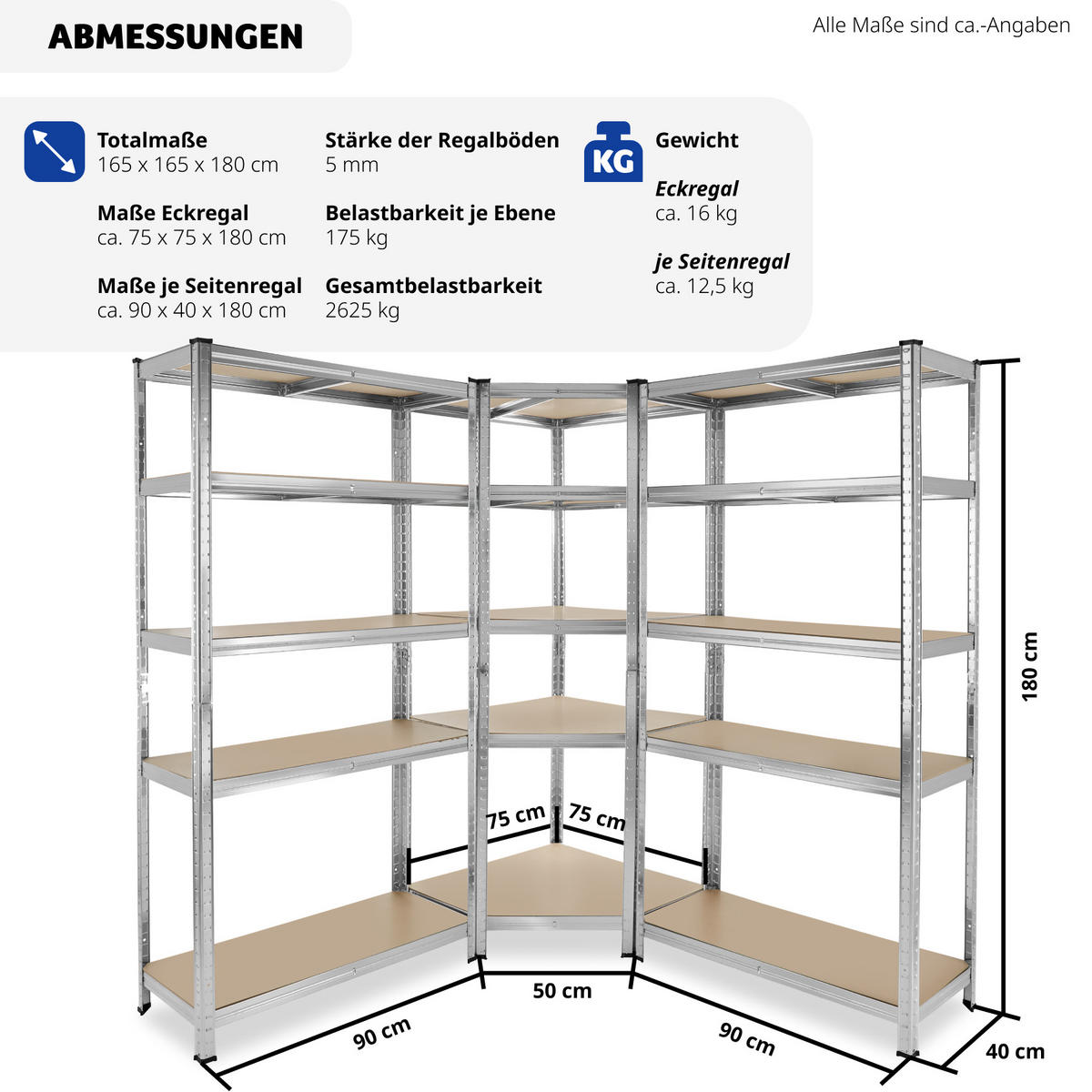 SCHWERLASTREGALSYSTEM Gustav,variable Montage im Stecksystem,silber - Silberfarben, Metall (165/180/165cm) - tectake