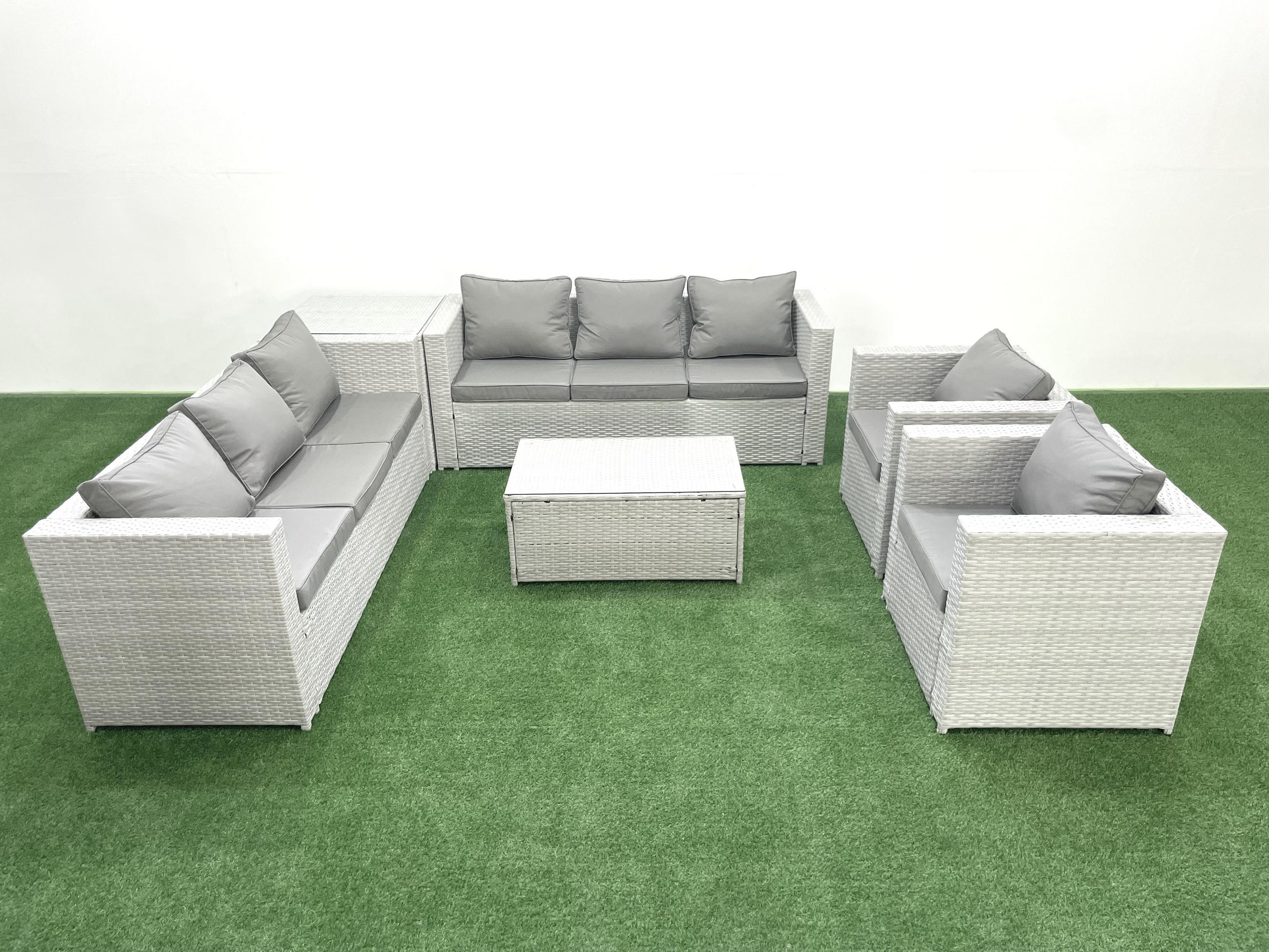 GARTENGARNITUR mit 3-SITZER SOFA,COUCHTISCH Polyrattan Hellgrau-Mix 8-Sitzer - Hellgrau/Grau, Glas/Kunststoff - Fimous