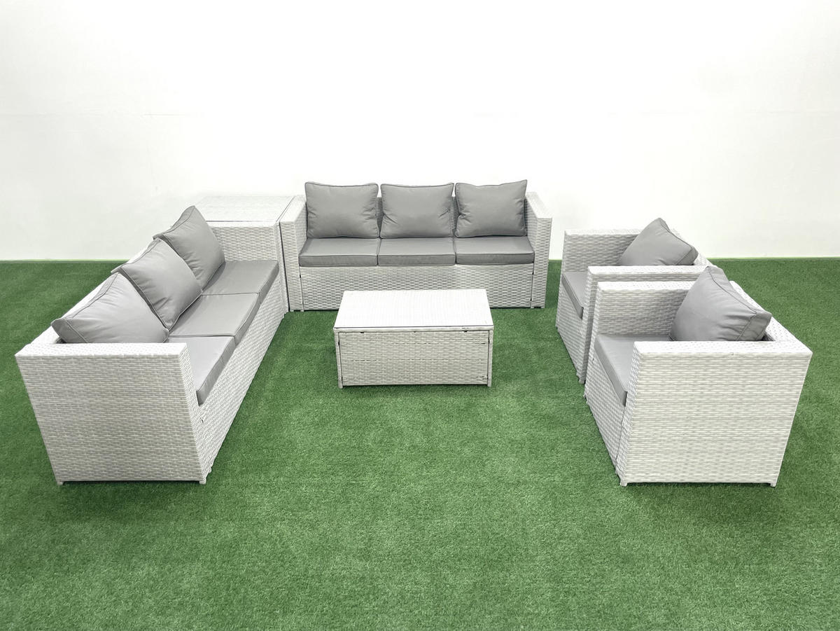 GARTENGARNITUR mit 3-SITZER SOFA,COUCHTISCH Polyrattan Hellgrau-Mix 8-Sitzer - Hellgrau/Grau, Glas/Kunststoff - Fimous