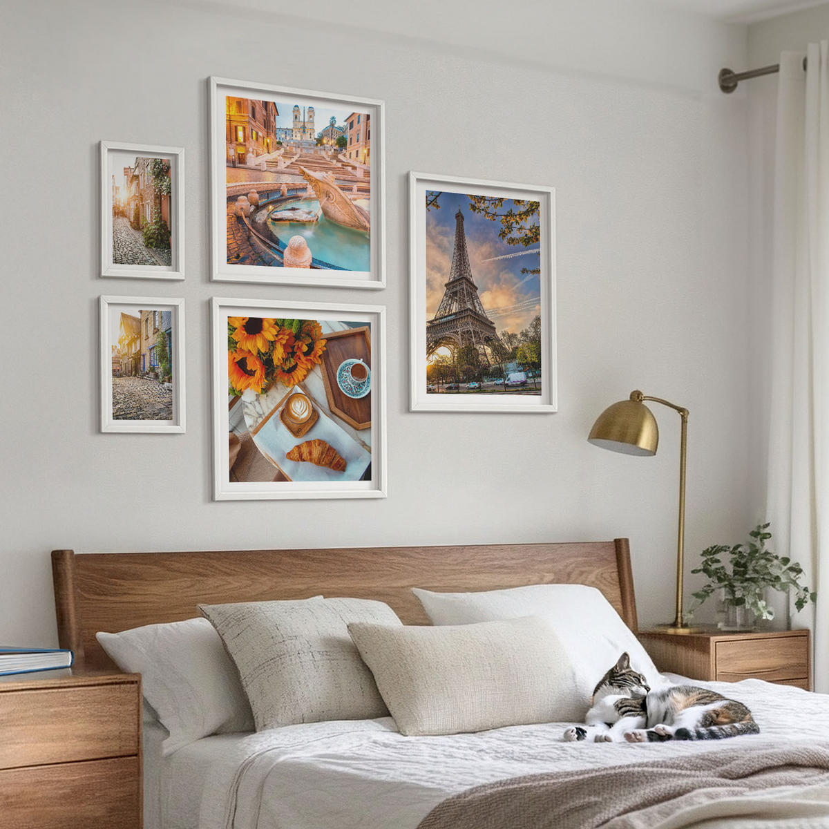 WANDBILDER 5er-Set - 50x50 cm & 20x30 cm & 40x60 cm Weißer Rahmen - Charmante Straßen mit Kaffee - Weiß, Kunststoff (40/60cm) - ArtPrintCave