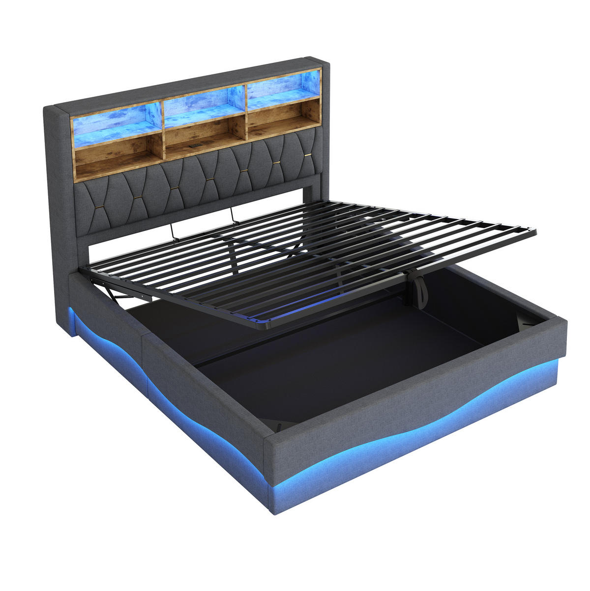 POLSTERBETT 180/200 cm mit LED-Beleuchtung, USB-Anschluss und hydraulischem Bettkasten, Grau - Grau, Metall (180/200cm) - Redom