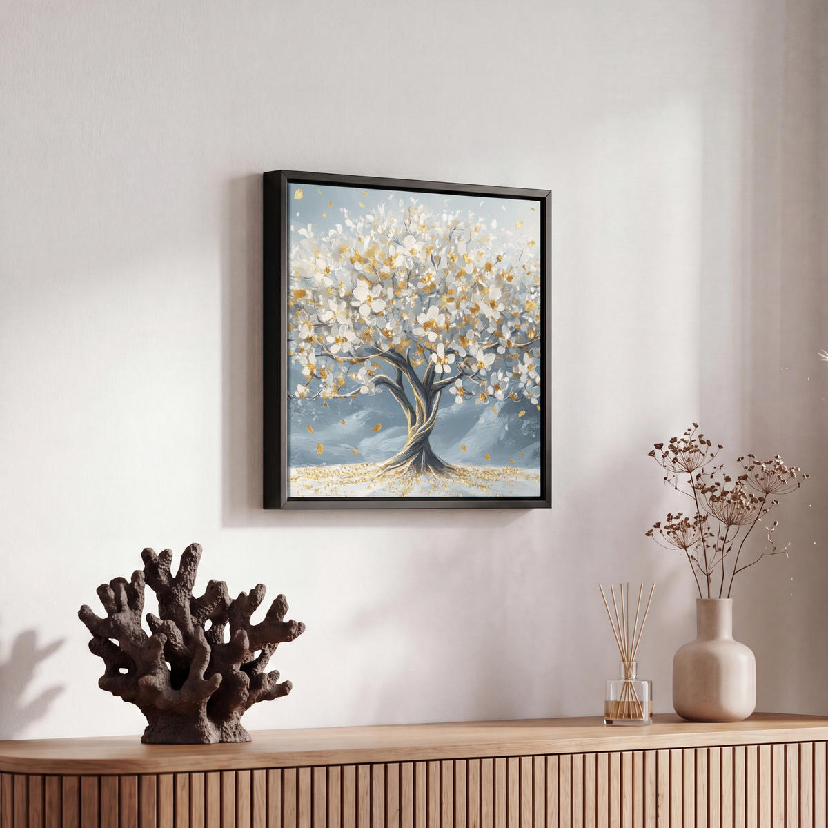 LEINWAND Bilder mit Rahmen - Baum - Winter - Baum des Lebens - Modern - Gold - 20x20 - Goldfarben, Textil (20/20cm) - MuchoWow