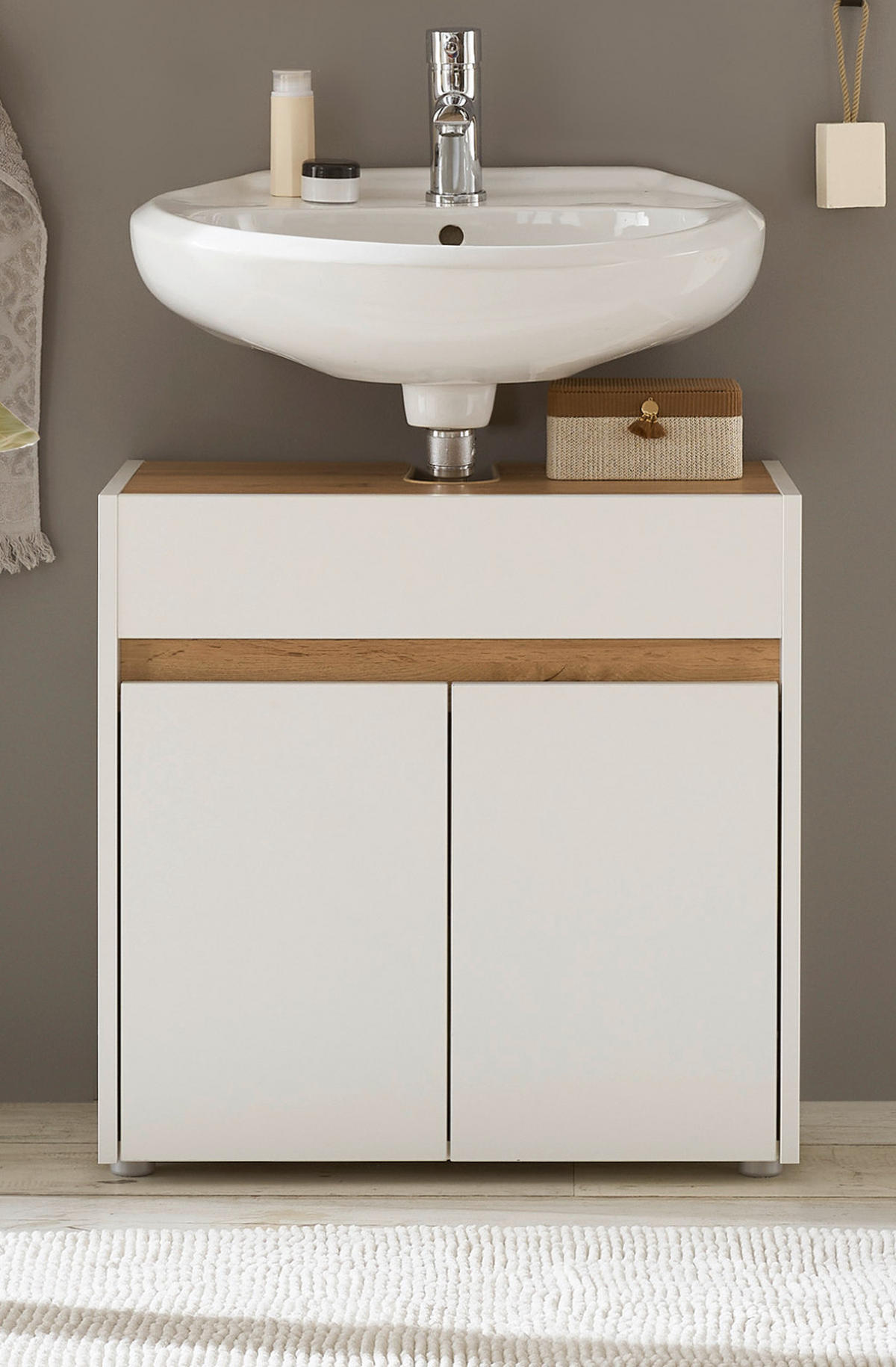 WASCHBECKENUNTERSCHRANK weiß, Wotan Eiche, Badezimmer Unterschrank 60 cm - Silberfarben/Eiche Wotan, Holz/Holzwerkstoff (60/62/34cm) - Furn.Design