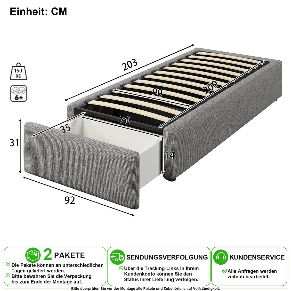 ČALOUNĚNÁ POSTEL 90/200 cm v šedé barvě s úložným prostorem a zásuvkou - šedá, kov/kompozitní dřevo (90/200cm) - CHICFURN