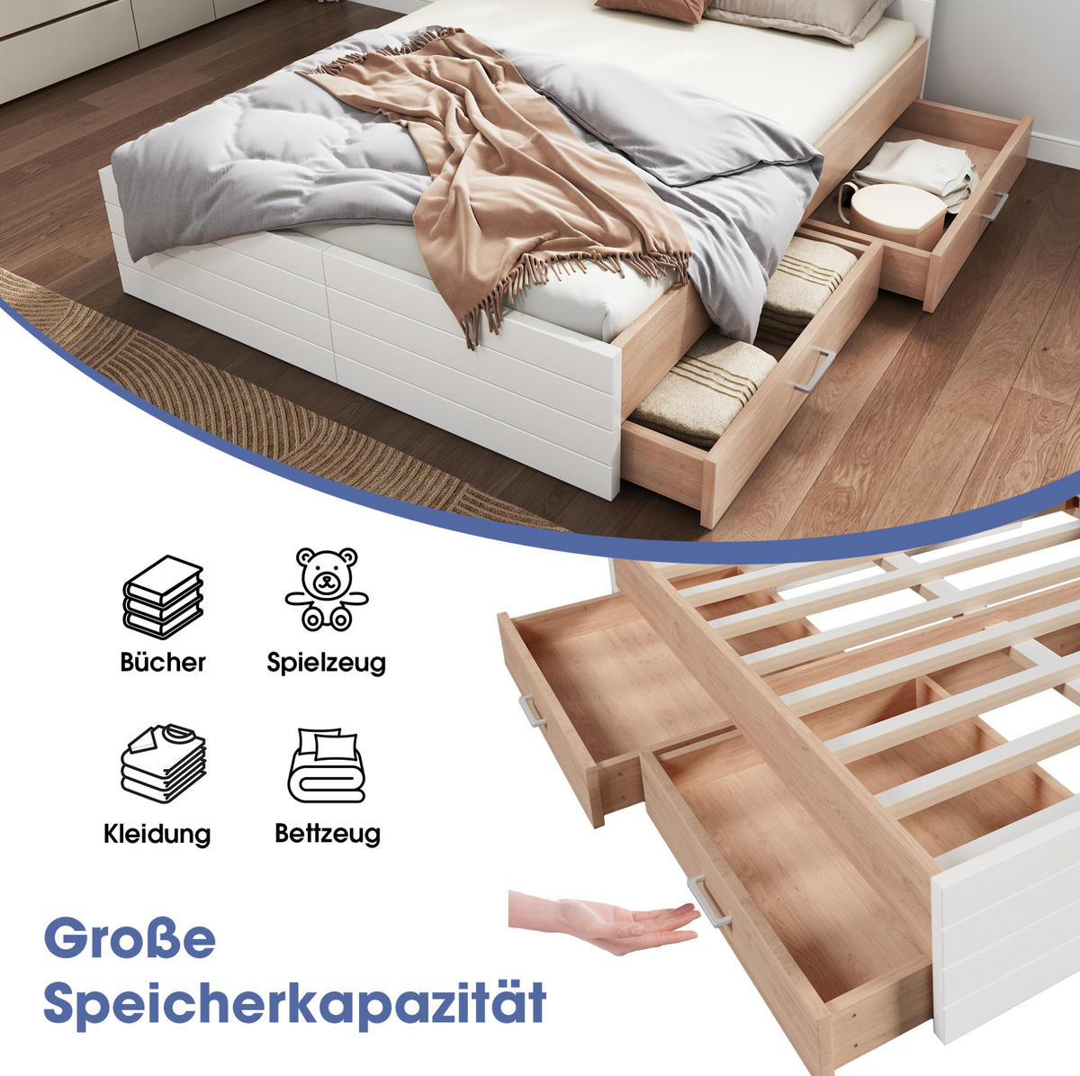 POLSTERBETT aus Massivholz und MDF 180x200 cm in Weiß mit 2 Schubladen - Weiß, Holzwerkstoff (180/200cm) - Modfu