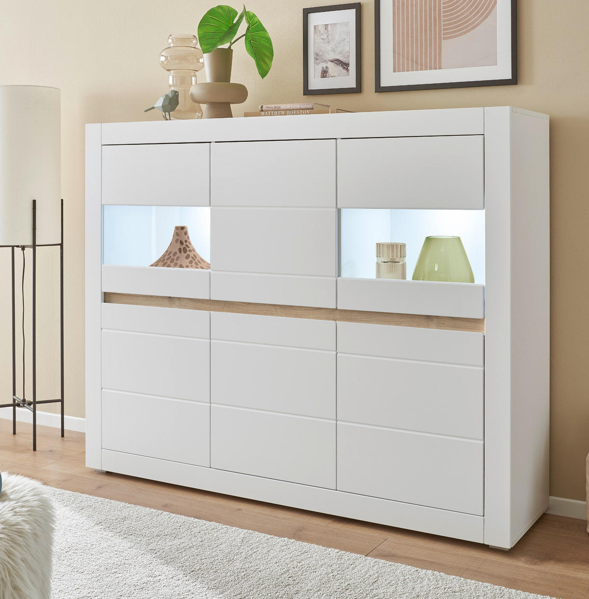 HIGHBOARD weiß matt, Evoke Eiche, Vitrine 165 x 132 cm, Soft-Close-Funktion - Eichefarben/Silberfarben, Holzwerkstoff/Kunststoff (165/132/42cm) - Furn.Design