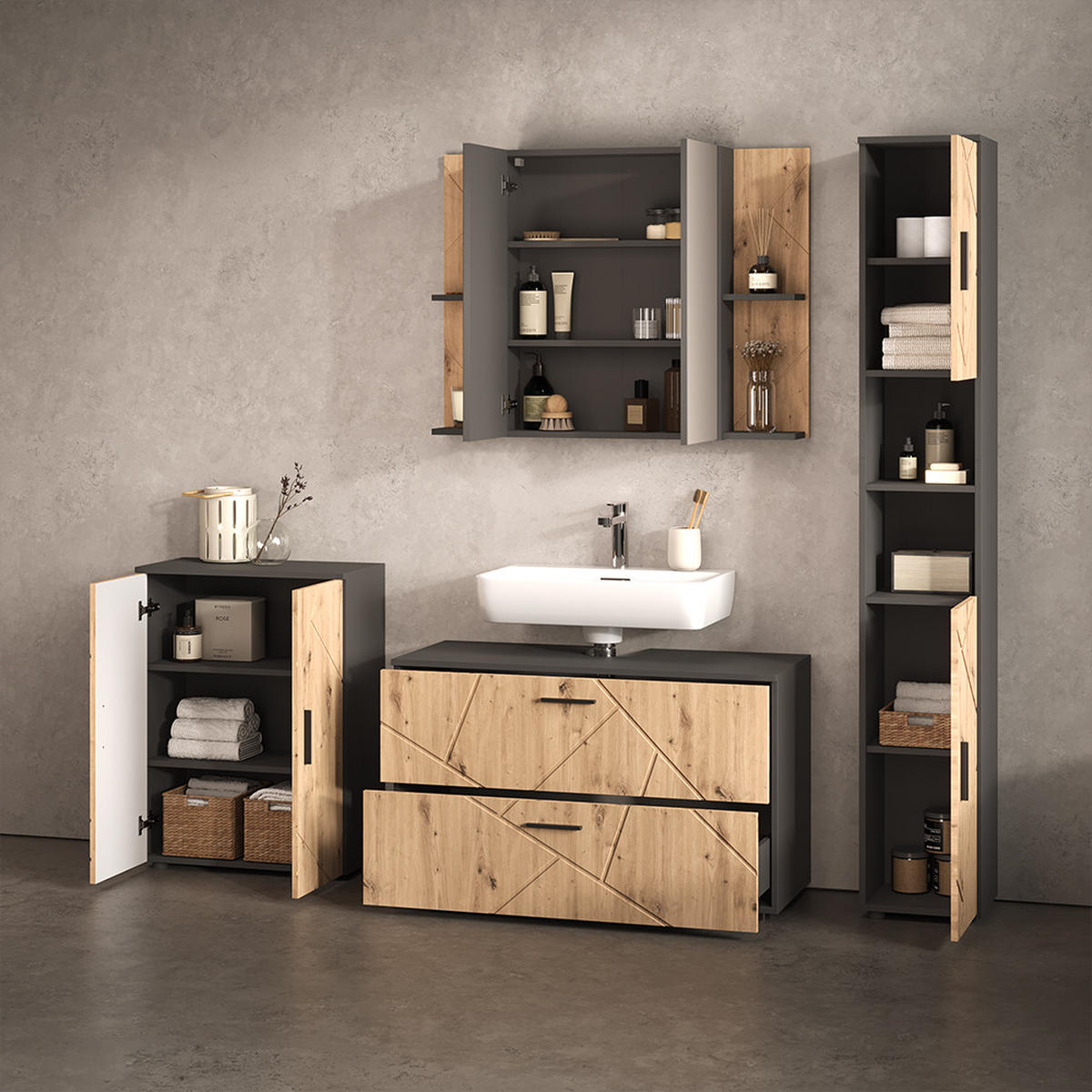 BADMÖBEL-SET Ronco, Anthrazit/Artisan-Eiche, 4-teilig - Anthrazit/Eiche Artisan, Holzwerkstoff (100.1/60.6/41cm) - Livinity®