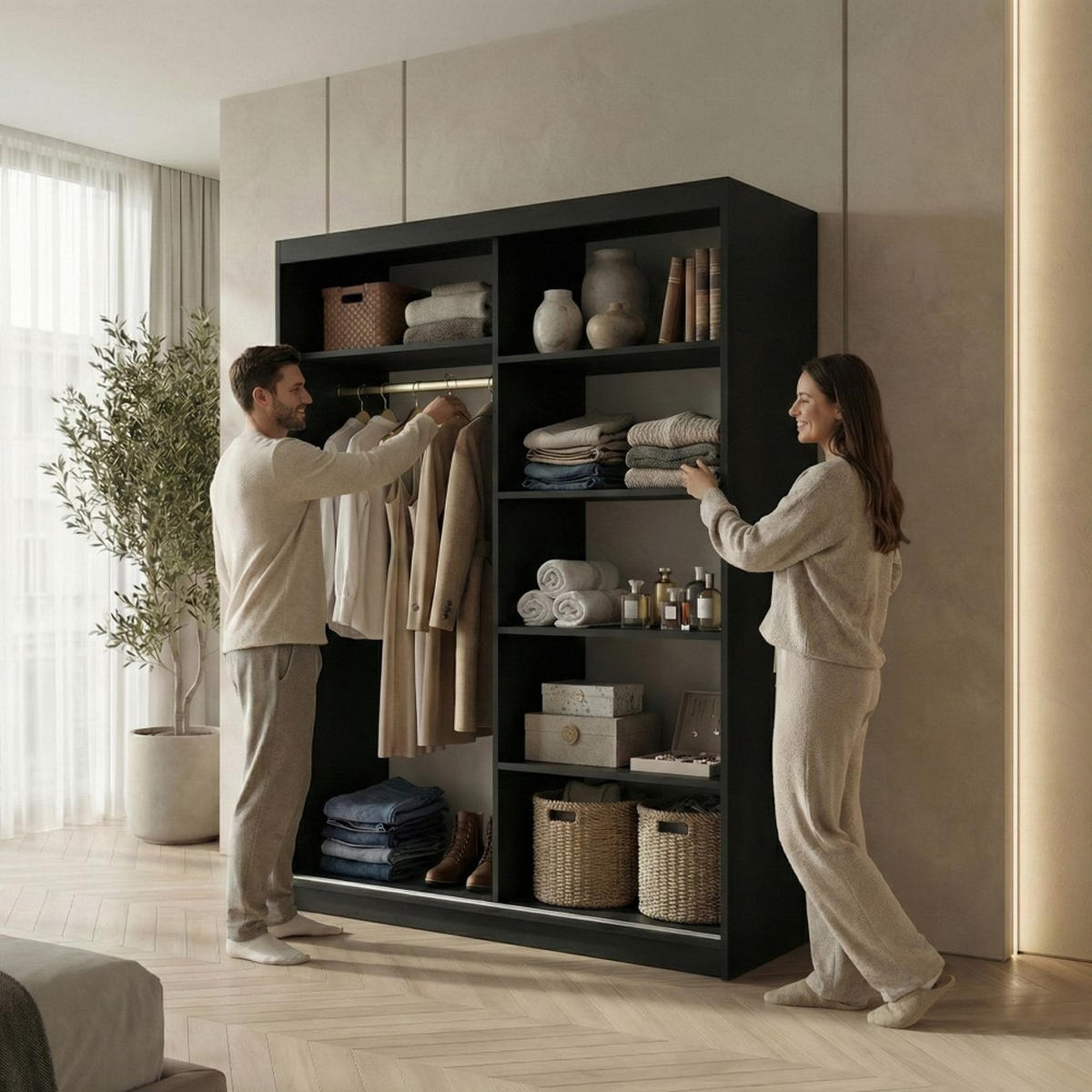 SCHWEBETÜRENSCHRANK Hela 120/205/60 2-türig schwarz mit Spiegel - Schwarz, Holzwerkstoff (120/205/60cm) - Beautysofa