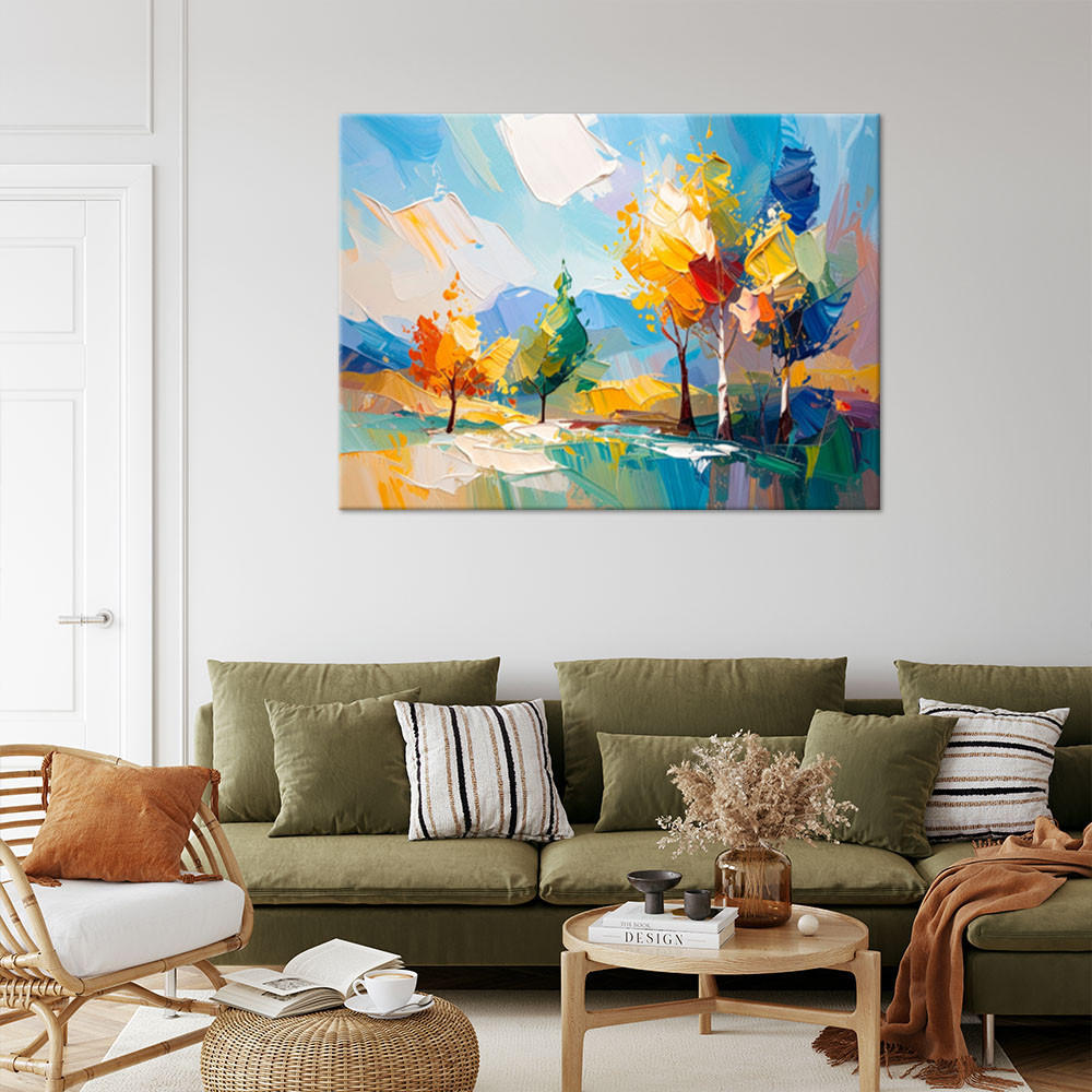 LEINWANDBILD Bunte Landschaft Bäume Wald Ölgemälde-Imitation 100x70cm - Multicolor, Textil (100/70cm) - Feeby