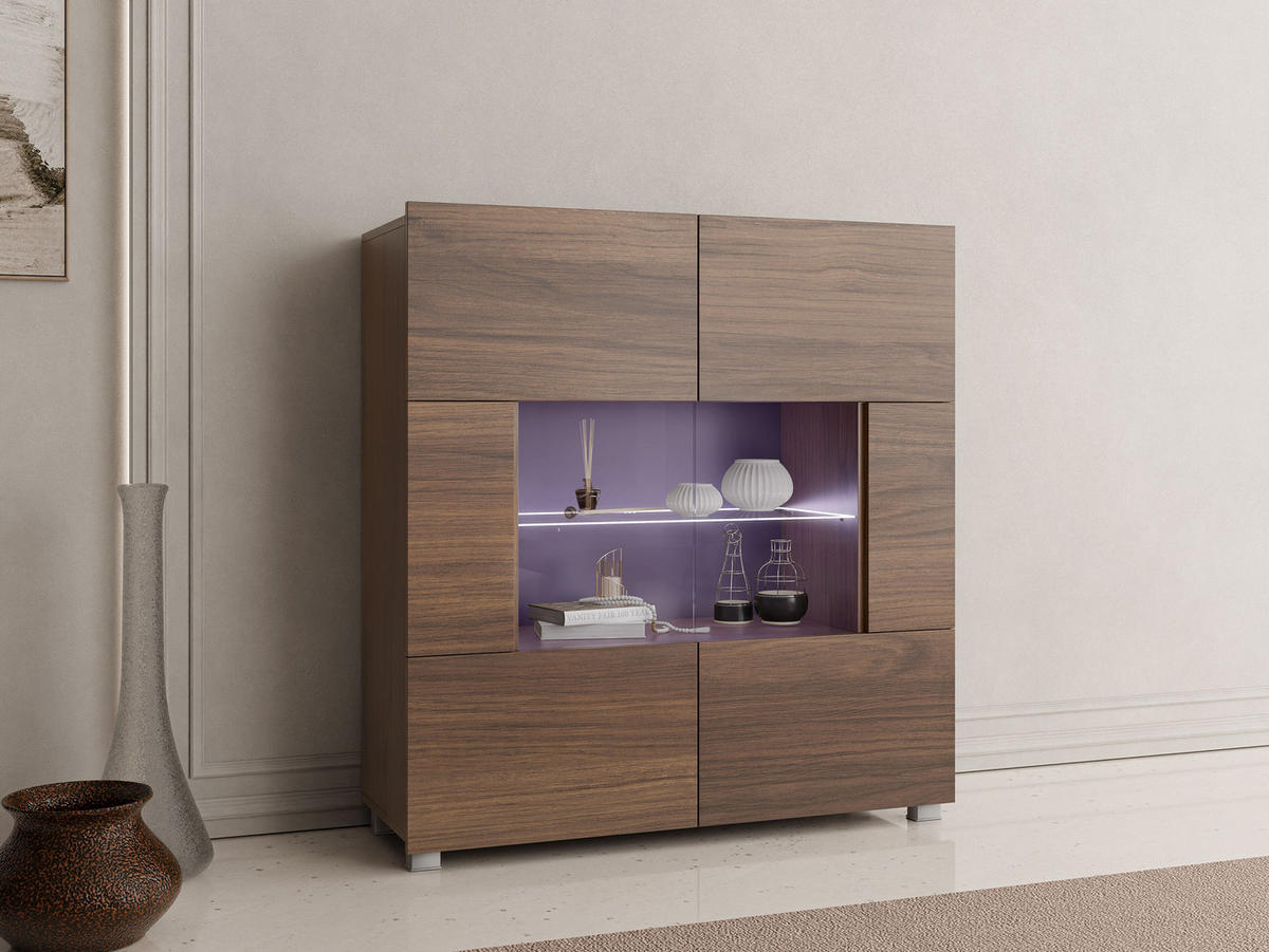 KOMMODE Calabrini 01 mit blauer LED Beleuchtung - Nussbaumfarben, Holzwerkstoff (100/107/35cm) - MIRJAN24