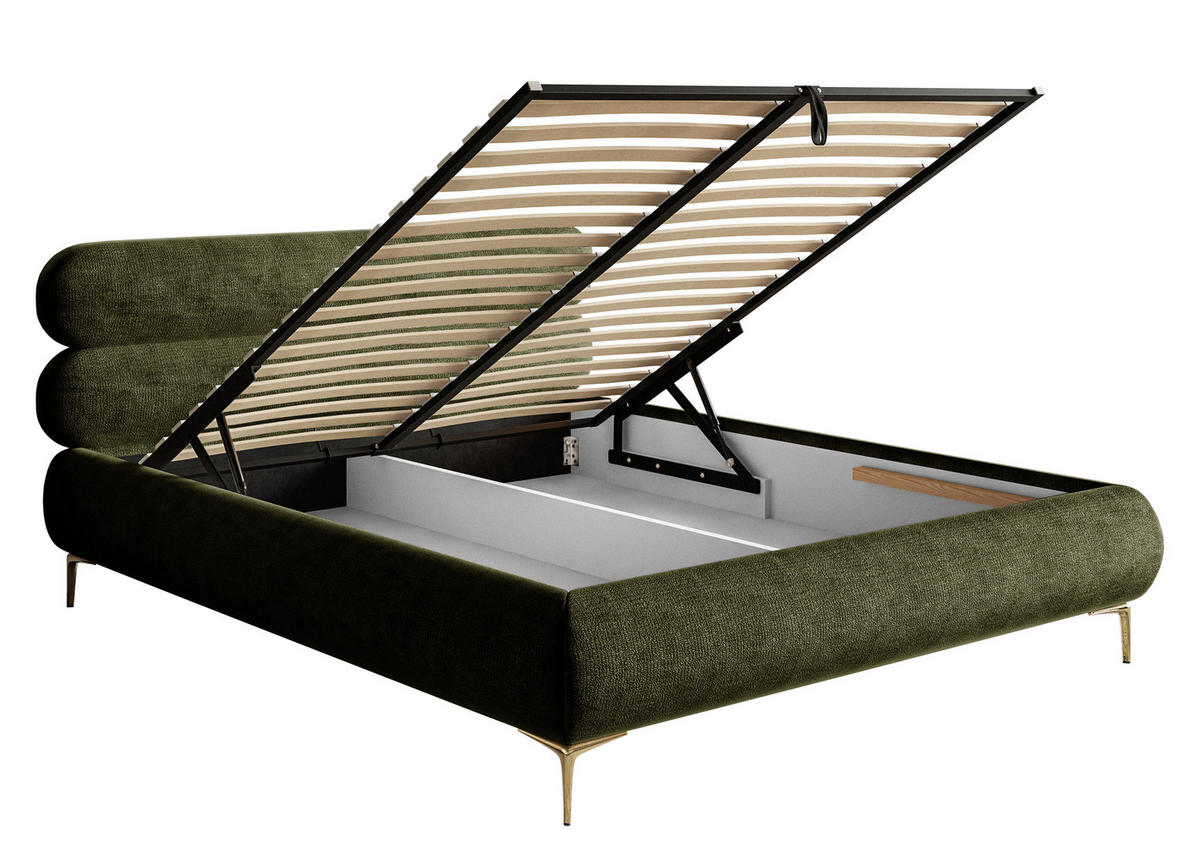 POLSTERBETT Roule Olivgrün Chenille mit goldenen Metallbeinen und Bettkasten 140 cm - Goldfarben/Olivgrün, Textil/Metall (140/200cm) - Selsey