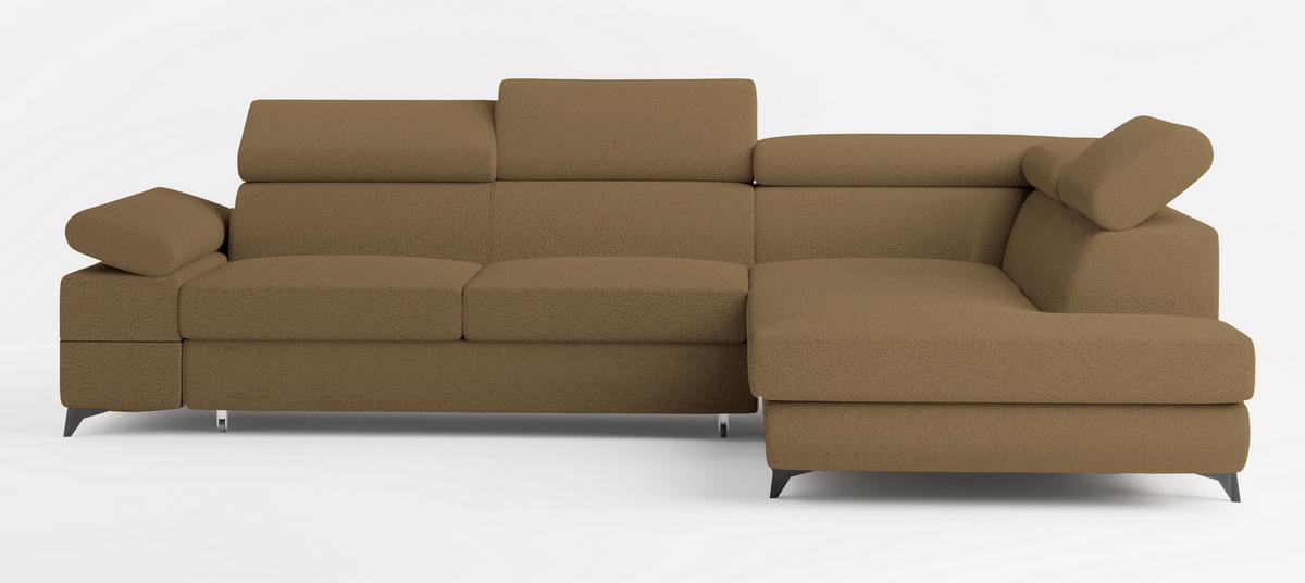 ECKSOFA FAVIEN R-S Orange Boucle-Stoff mit Schlaffunktion - Orange, Holz (257/190cm) - MASSENO