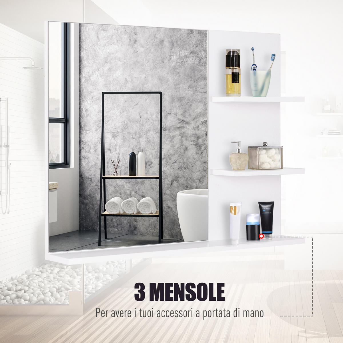 SPIEGELSCHRANK Badezimmer-Wandschrank 60 x 10 x 48 cm ,mit Spiegel und 3 Regalböden, weißer MDF-Wandschrank - Weiß, Glas (60/48/10cm) - Vallsero