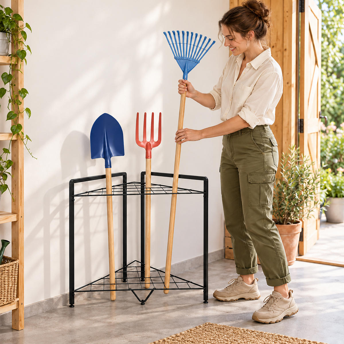 GARTENGERÄTESTÄNDER Mehrfarbig Stahl 2 Ebenen - Schwarz, Metall (65/59.5/47cm) - Relaxdays