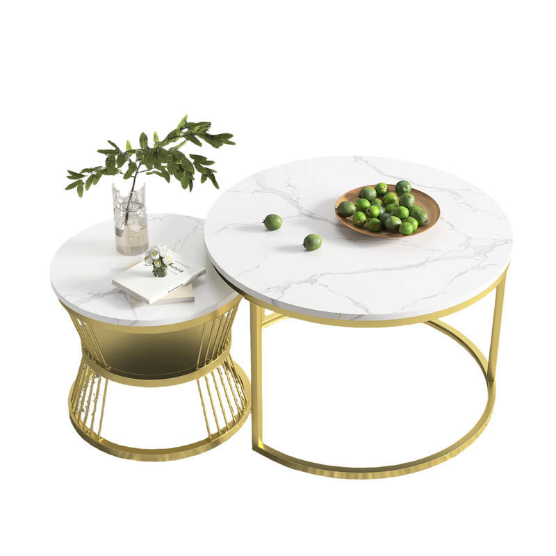 COUCHTISCH-SET Marmoroptik Weiß, Metallgestell Gold, 2er Set - Goldfarben/Weiß, Metall (70/70/45.5cm) - SHOPENTRA