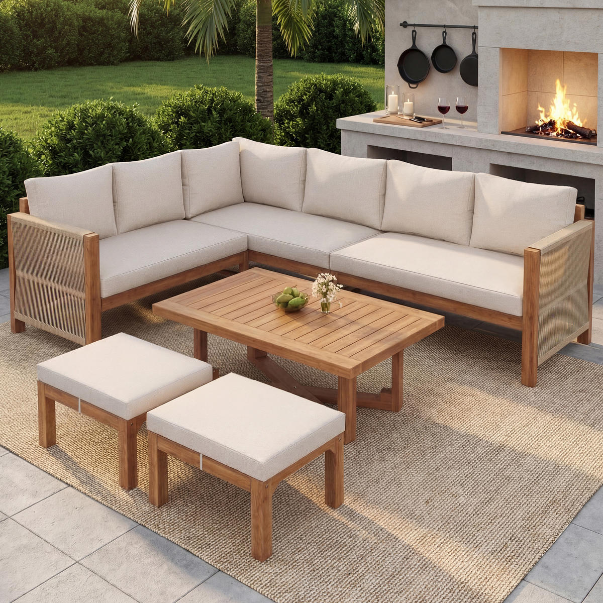 LOUNGESET 227/175/67 cm beige aus Akazienholz modular mit Kissen - Beige, Holzwerkstoff - OKWISH
