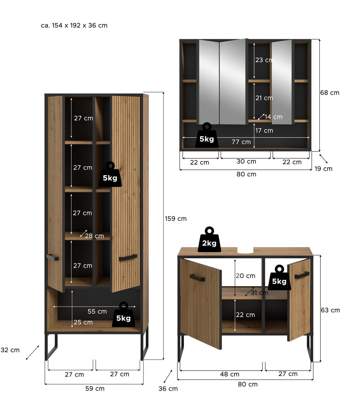 BAD-SET BAGNO 3-tlg. (B/H/T: ca. 154/192/36 cm) in Artisan Oak Nachbildung/Artisan Oak Nachbildung - Eiche Artisan, Holzwerkstoff (154/192/36cm)
