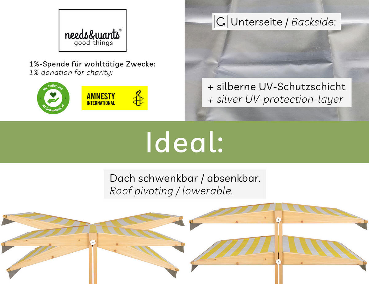 SANDKASTEN mit Dach, Sitzbank und Boden, Holz wetterfest - Gelb, Holz (113/113/113cm) - needs&wants