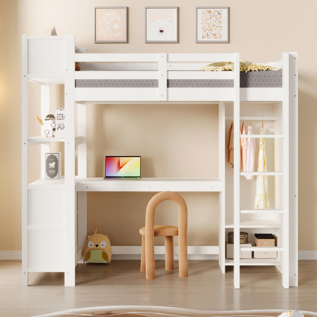 HOCHBETT 90/200 cm in Weiß mit Schreibtisch, Regalen und Kleiderschrank aus Kiefernholz - Weiß, Holz/Holzwerkstoff (90/200cm) - CHICFURN