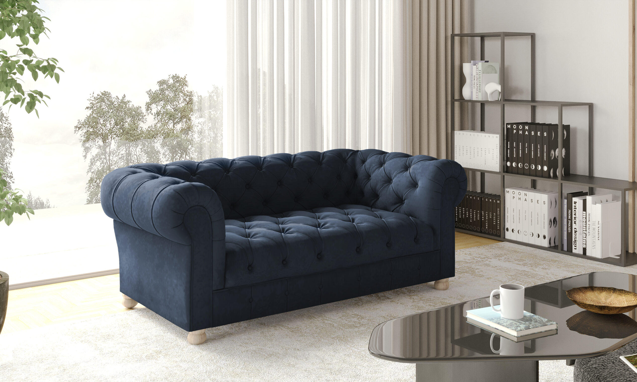 SOFA 2-Sitzer CHESTERFIELD Elegant Klassisch Schick Stoff Whisper Velours Blau - Blau, Holz/Textil (152/77/90cm) - Kaiser Möbel