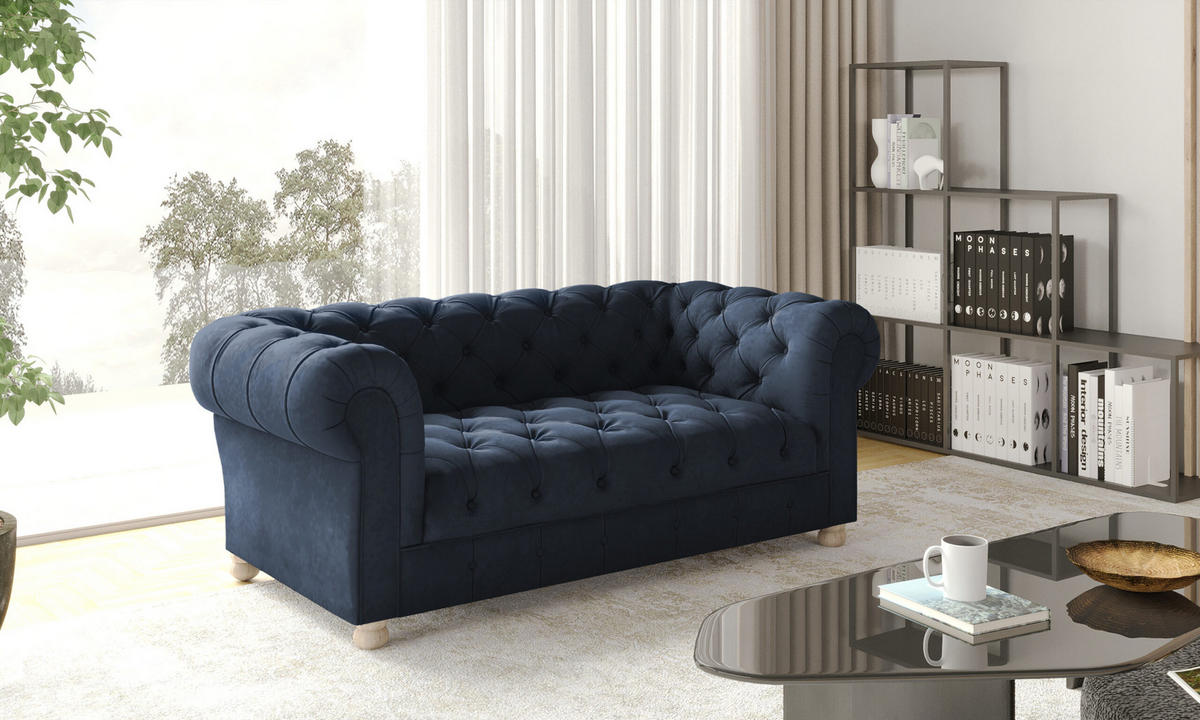 SOFA 2-Sitzer CHESTERFIELD Elegant Klassisch Schick Stoff Whisper Velours Blau - Blau, Holz/Textil (152/77/90cm) - Kaiser Möbel