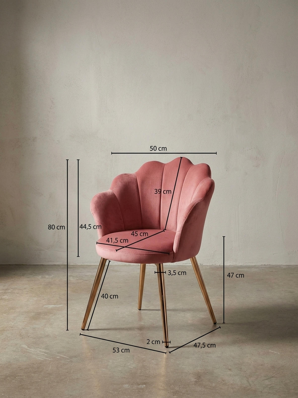 ESSZIMMERSTUHL Samtbezug mit Metallgestell Skandinavisch gepolstert, Rosa 53x48x80 cm - Pink/Goldfarben, Textil/Metall (53/80/48cm) - KADIMA DESIGN