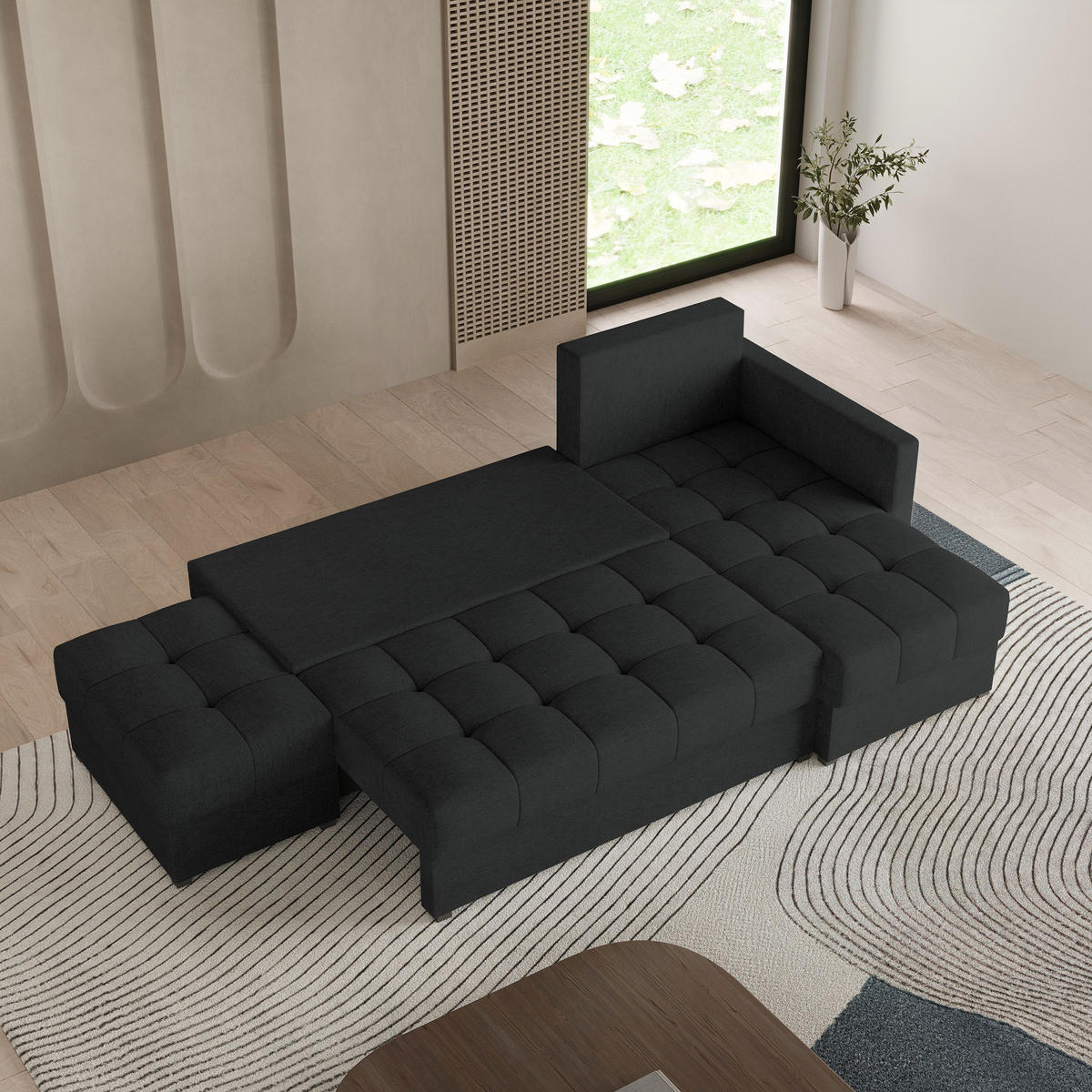ECKSOFA LUMARI R-S Schwarz Plüsch-Stoff mit Schlaffunktion - Schwarz, Holz (262/143cm) - MASSENO